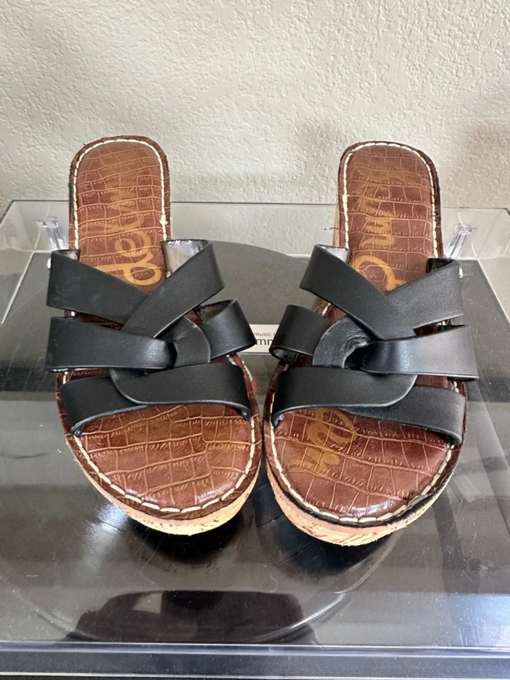Sam Edelman Black Leather Cork Wedge Sandals